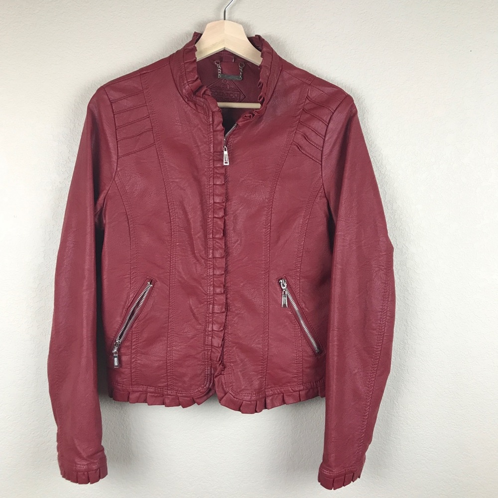 Jou Jou Faux Leather Moto Jacket in Burgandy/Red